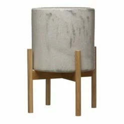 Best Sale 👍 Vases & Pots Creative Co-Op Stoneware Planter With Wood Stand ⭐